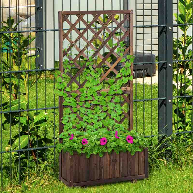 Outsunny 72.5 x 31.5 x 149.5 cm 45L Garden Wooden Pine Trough Planter with Topped Trellis Climbing Plants Flower Raised Bed, Carbonised Finish