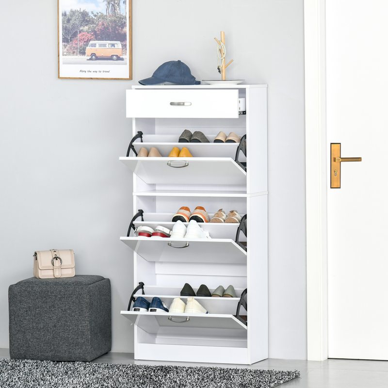 HOMCOM Shoe Cabinet with 3 Flip Drawers, High Gloss Shoe Storage Cabinet with Top Drawer and Adjustable Shelves, Shoe Cupboard for 18 Pairs, White