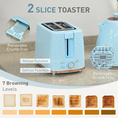 HOMCOM 1.7L 3000W Fast Boil Kettle & 2 Slice Toaster Set, Kettle and Toaster Set with Auto Shut Off, Browning Controls, Light Blue