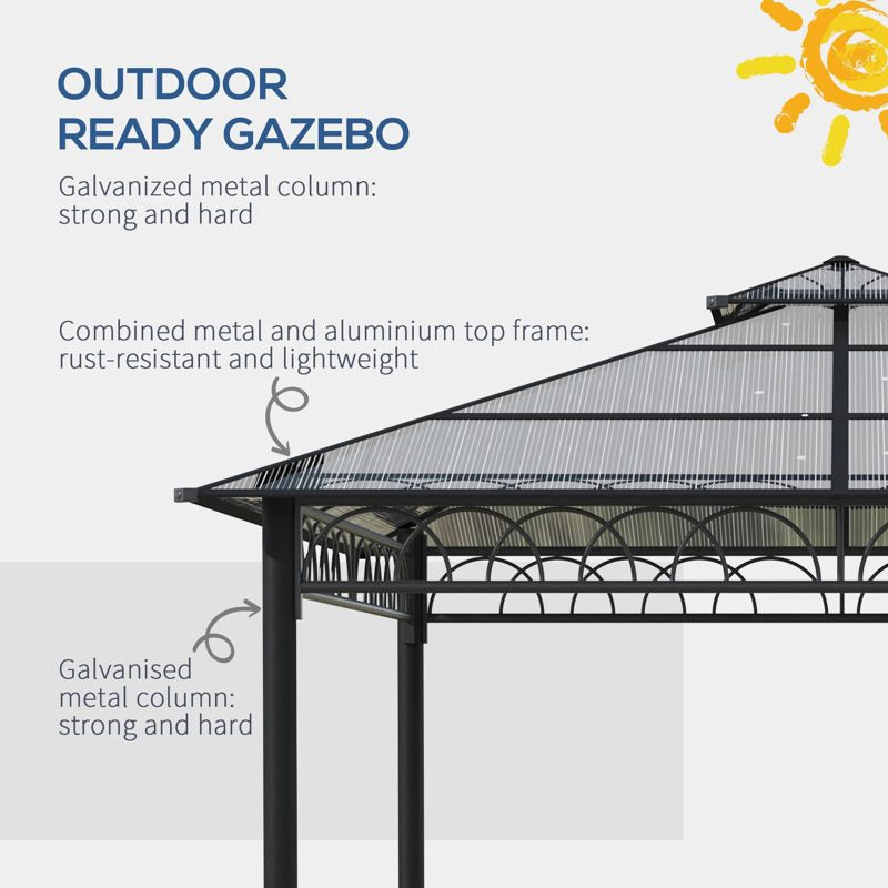 Outsunny 3 x 3 (m) Outdoor Polycarbonate Gazebo, Double Roof Hard Top Gazebo with Galvanised Steel Frame, Nettings & Curtains for Garden, Lawn, Patio and Deck, Khaki