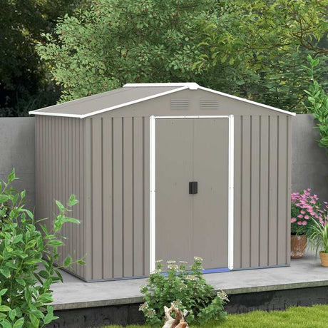 Outsunny 8 x 6ft Outdoor Garden Storage Shed, Metal Tool House with Ventilation and Sliding Doors, Light Grey