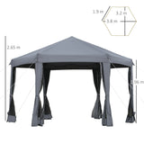 Outsunny 3.8m x 3.2m Pop Up Gazebo Hexagonal Canopy Tent Outdoor Sun Protection with 6 Mesh Sidewalls, Hand Bag, Grey