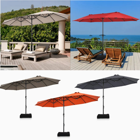 Double-Sided Patio Umbrella with Hand-Crank System and Enhanced Base for Residential and Commercial Use -Beige