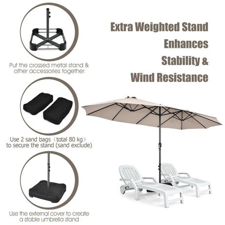 Double-Sided Patio Umbrella with Hand-Crank System and Enhanced Base for Residential and Commercial Use -Beige