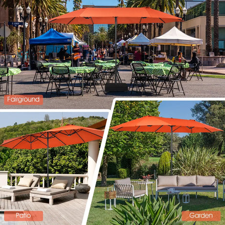 Double-Sided Patio Umbrella with Hand-Crank System and Enhanced Base for Residential and Commercial Use -Orange