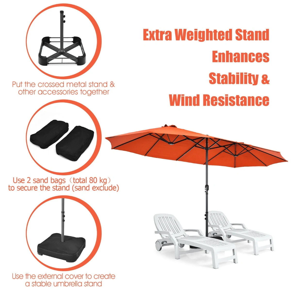 Double-Sided Patio Umbrella with Hand-Crank System and Enhanced Base for Residential and Commercial Use -Orange