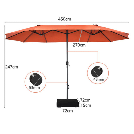 Double-Sided Patio Umbrella with Hand-Crank System and Enhanced Base for Residential and Commercial Use -Orange