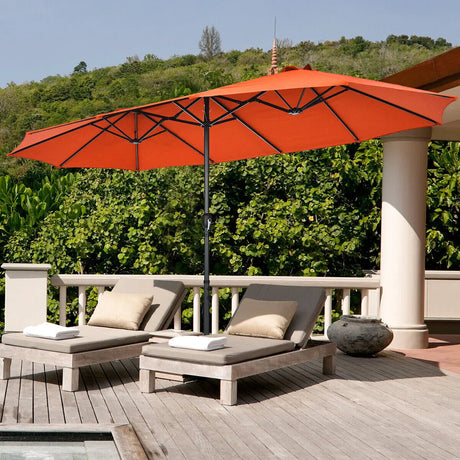 Double-Sided Patio Umbrella with Hand-Crank System and Enhanced Base for Residential and Commercial Use -Orange