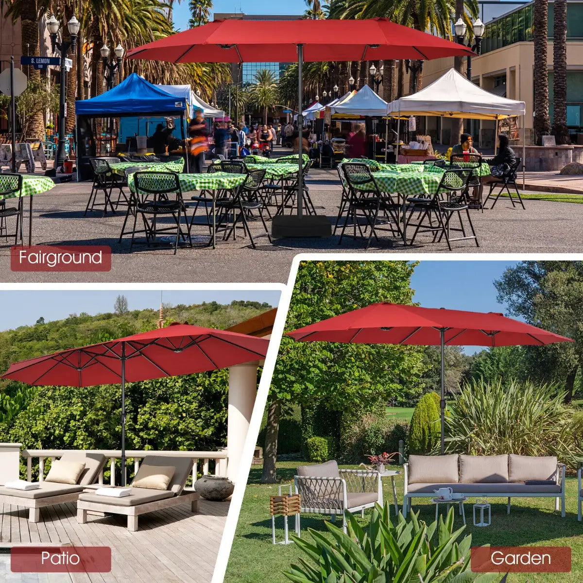 Double-Sided Patio Umbrella with Hand-Crank System and Enhanced Base for Residential and Commercial Use -Wine