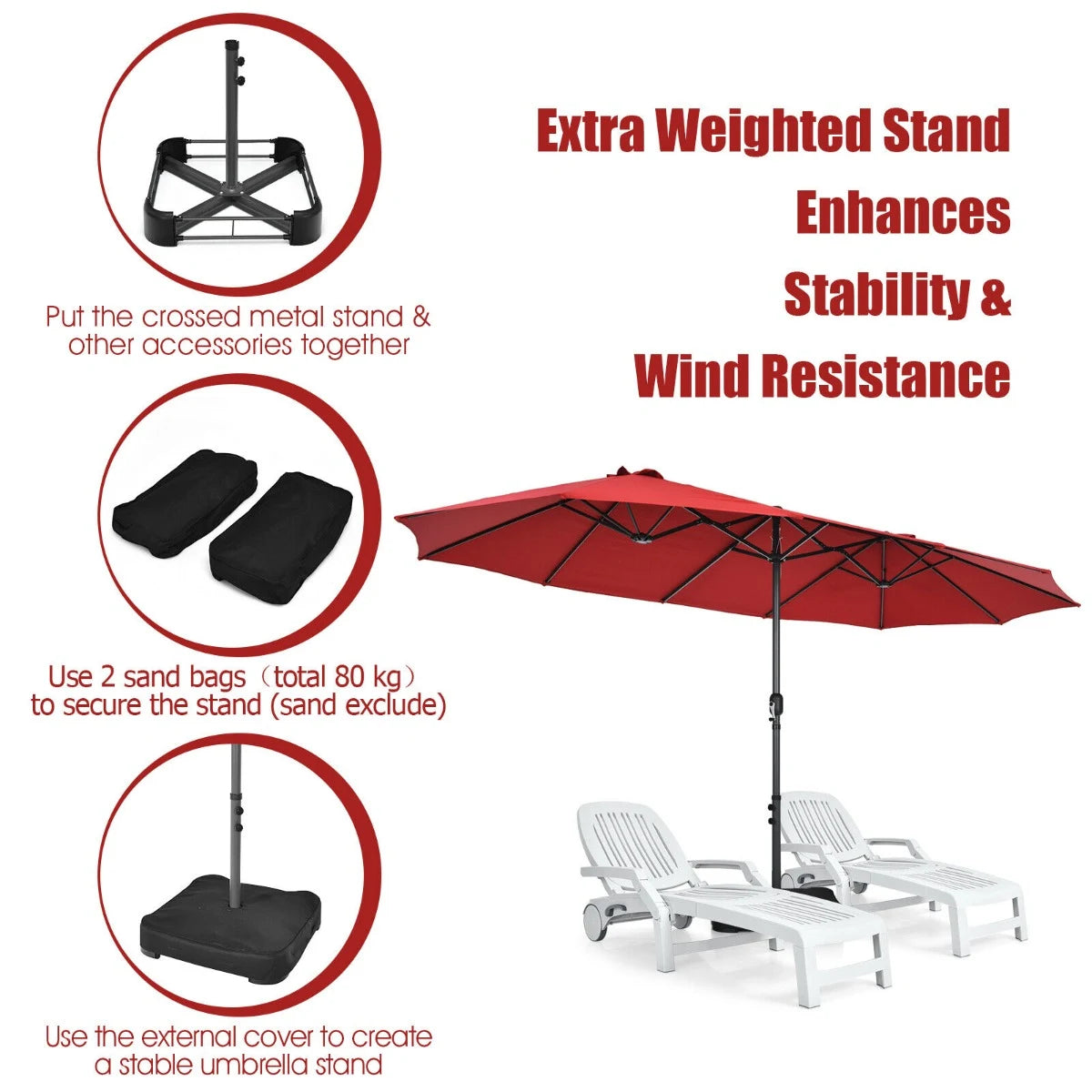 Double-Sided Patio Umbrella with Hand-Crank System and Enhanced Base for Residential and Commercial Use -Wine