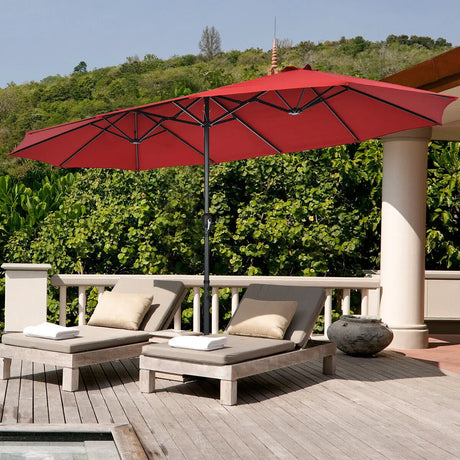 Double-Sided Patio Umbrella with Hand-Crank System and Enhanced Base for Residential and Commercial Use -Wine