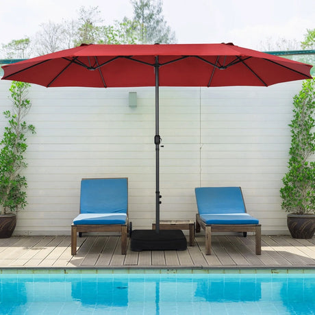 Double-Sided Patio Umbrella with Hand-Crank System and Enhanced Base for Residential and Commercial Use -Wine