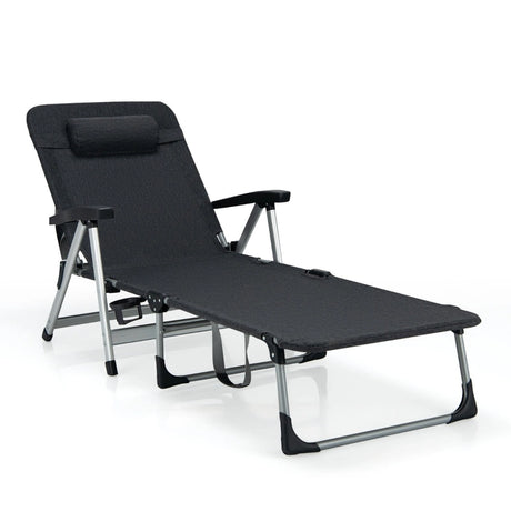 Folding Outdoor Chaise Lounger with Detachable Pillow and Cup Holder-Black