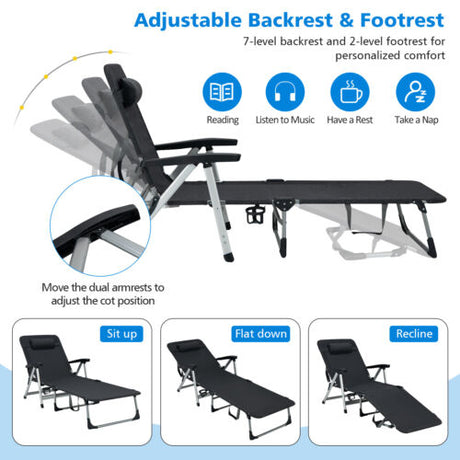 Folding Outdoor Chaise Lounger with Detachable Pillow and Cup Holder-Black