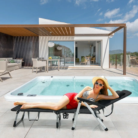 Folding Outdoor Chaise Lounger with Detachable Pillow and Cup Holder-Black