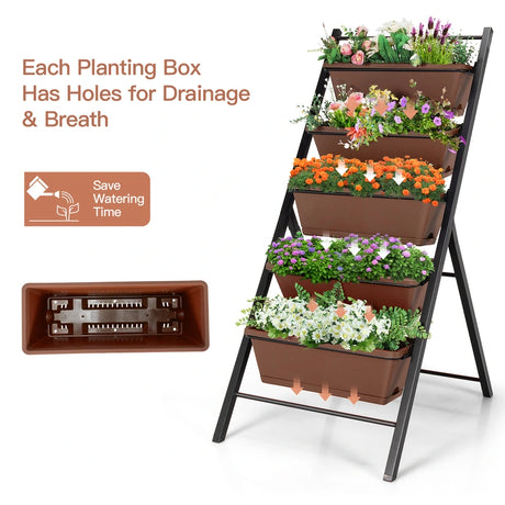 5-tier Vertical Raised Garden Bed with 5 Container Boxes-Brown
