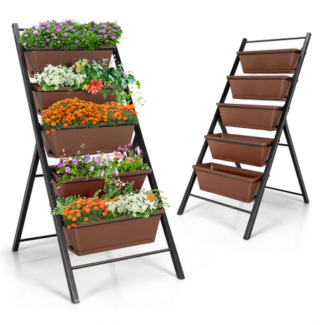 5-tier Vertical Raised Garden Bed with 5 Container Boxes-Brown