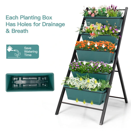 5-tier Vertical Raised Garden Bed with 5 Container Boxes-Green