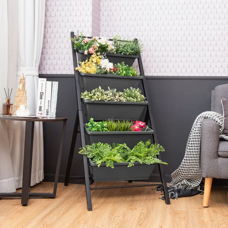5-Tier Freestanding Garden Raised Planters with 5 Container Boxes-Black