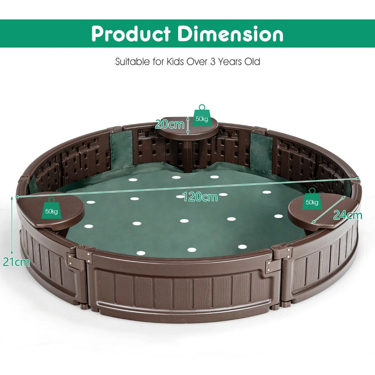 120 cm Round Sandbox with Waterproof Cover for 3 Kids