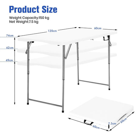 120cm Portable Bi-fold Camping Table with 3-Level Height Adjustment & 150kg Load Capacity