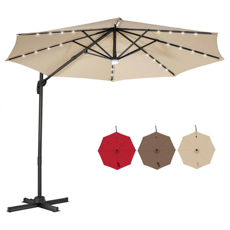 3m Patio Umbrella with 28 LED Lights for Beach and Poolside-Beige