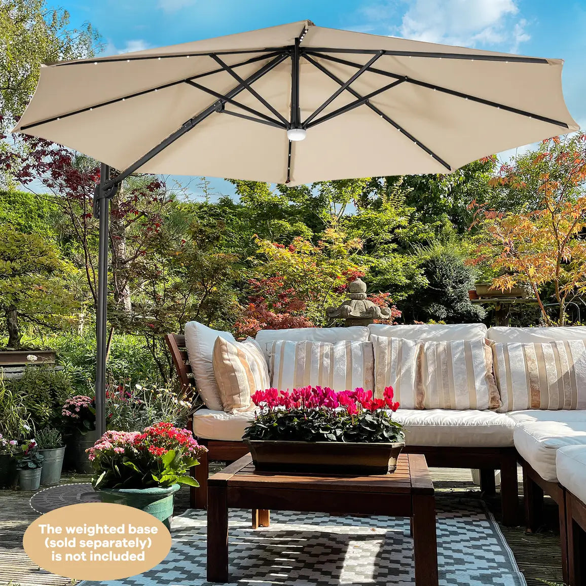 3m Patio Umbrella with 28 LED Lights for Beach and Poolside-Beige