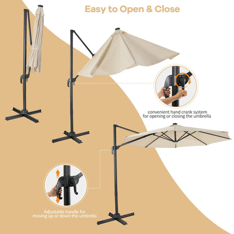 3m Patio Umbrella with 28 LED Lights for Beach and Poolside-Beige