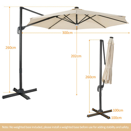 3m Patio Umbrella with 28 LED Lights for Beach and Poolside-Beige