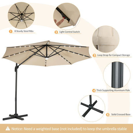 3m Patio Umbrella with 28 LED Lights for Beach and Poolside-Beige