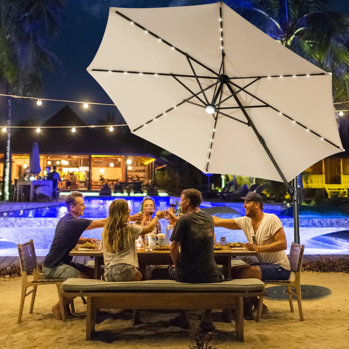 3m Patio Umbrella with 28 LED Lights for Beach and Poolside-Beige
