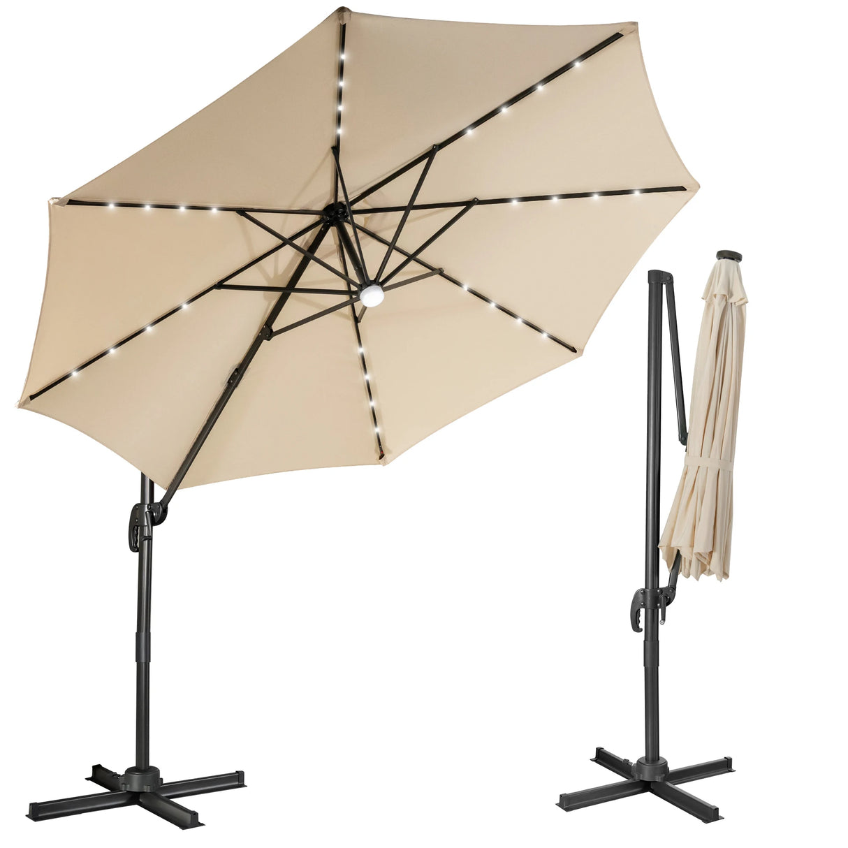 3m Patio Umbrella with 28 LED Lights for Beach and Poolside-Beige