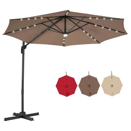 3m Patio Umbrella with 28 LED Lights for Beach and Poolside-Coffee