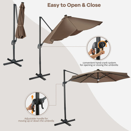 3m Patio Umbrella with 28 LED Lights for Beach and Poolside-Coffee