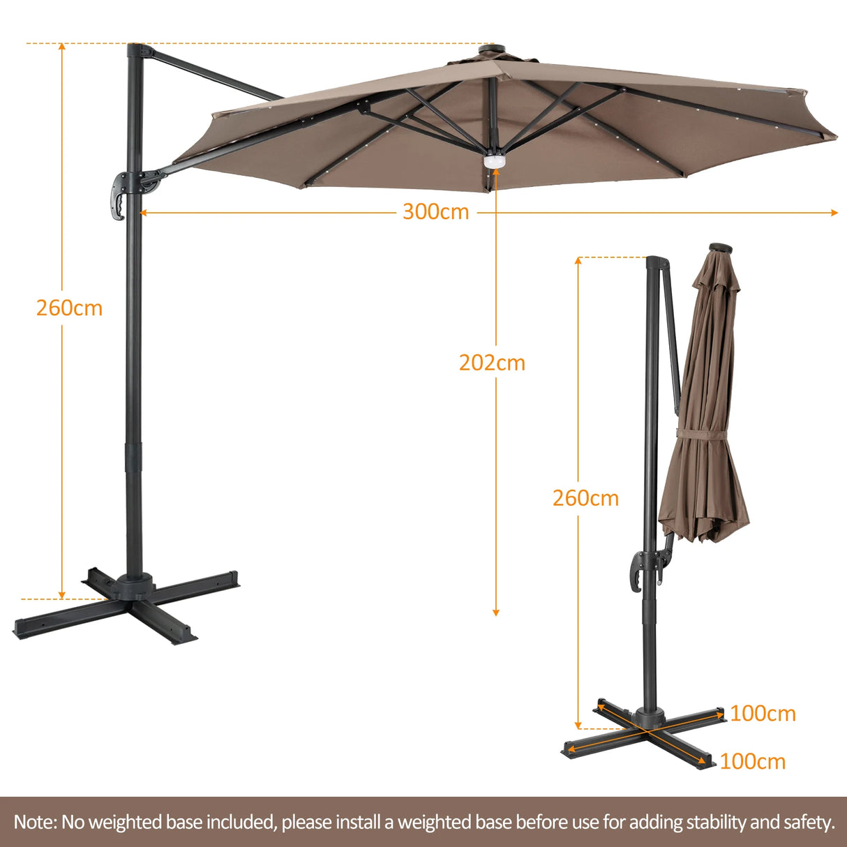 3m Patio Umbrella with 28 LED Lights for Beach and Poolside-Coffee
