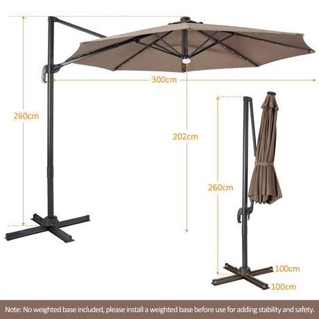 3m Patio Umbrella with 28 LED Lights for Beach and Poolside-Coffee