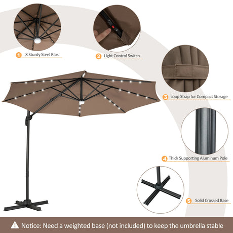 3m Patio Umbrella with 28 LED Lights for Beach and Poolside-Coffee