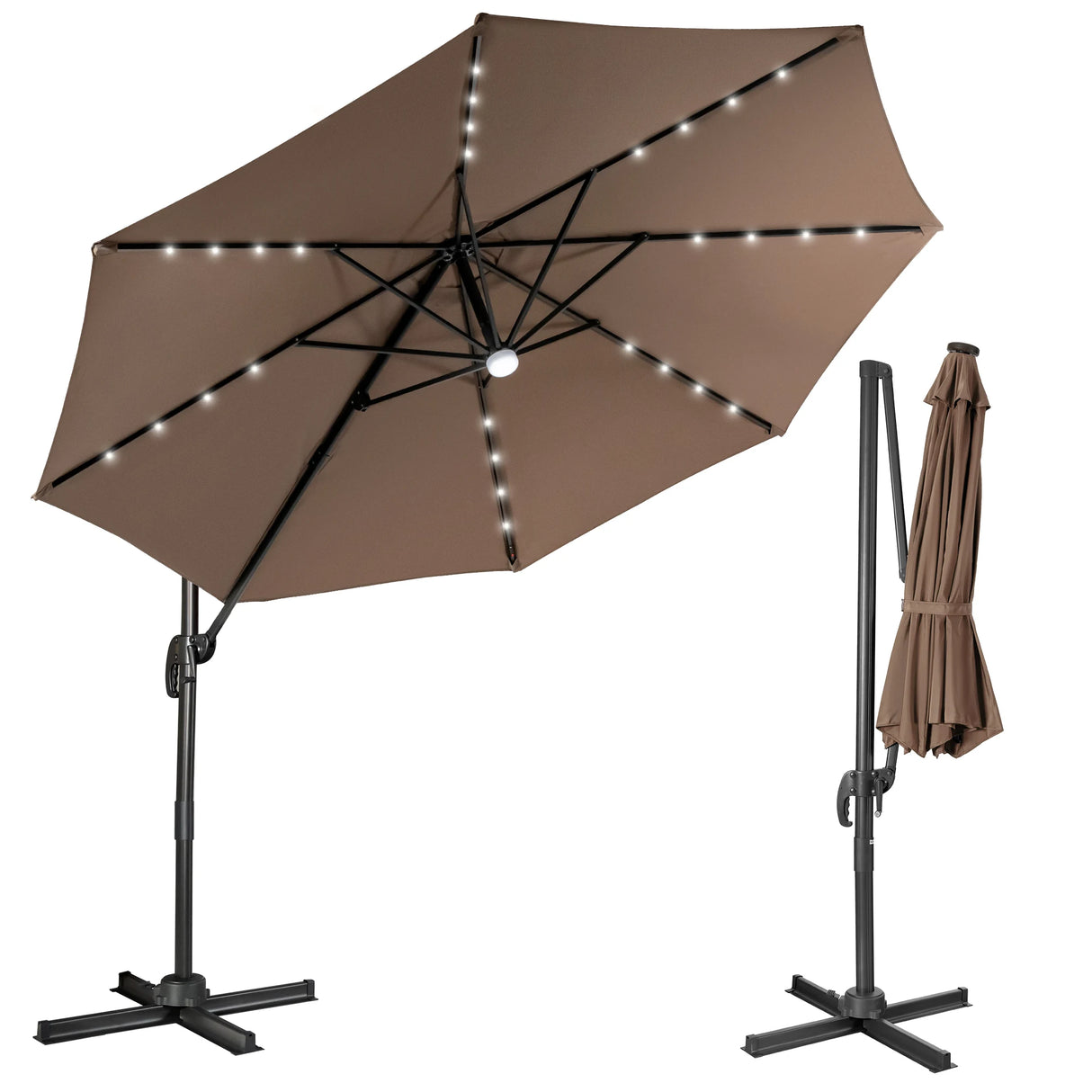 3m Patio Umbrella with 28 LED Lights for Beach and Poolside-Coffee
