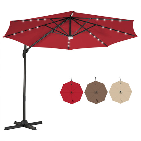 3m Patio Umbrella with 28 LED Lights for Beach and Poolside-Wine