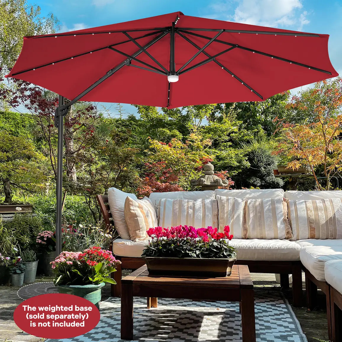 3m Patio Umbrella with 28 LED Lights for Beach and Poolside-Wine