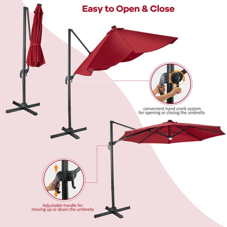 3m Patio Umbrella with 28 LED Lights for Beach and Poolside-Wine
