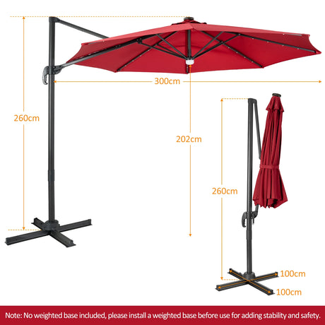 3m Patio Umbrella with 28 LED Lights for Beach and Poolside-Wine