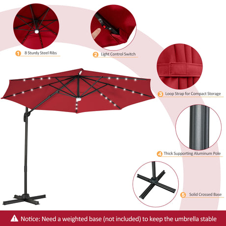 3m Patio Umbrella with 28 LED Lights for Beach and Poolside-Wine