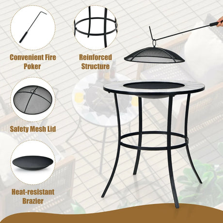 Outdoor Fire Pit with Tile Tabletop and Mesh Screen Lid