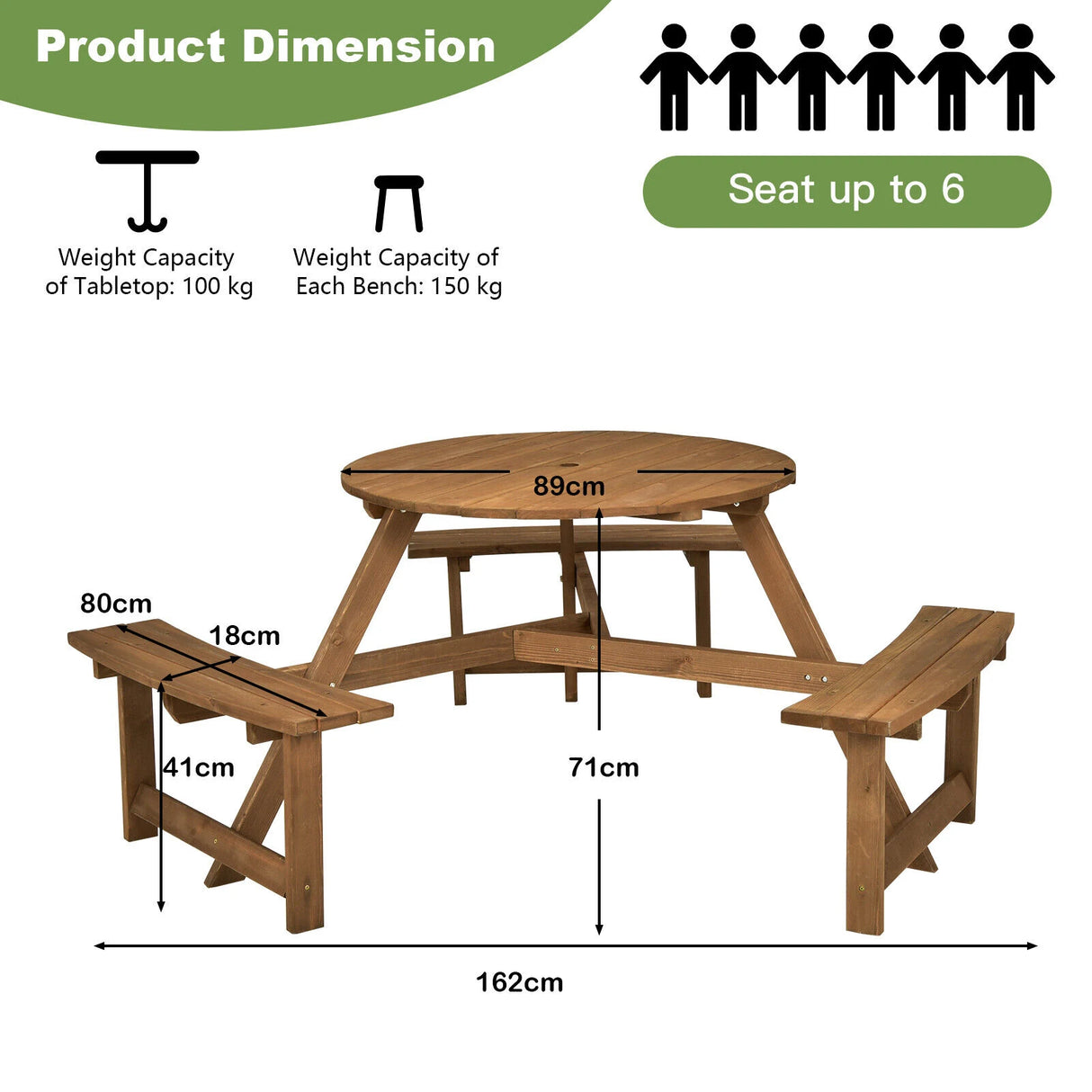 6-person Round Wooden Picnic Table with Umbrella Hole and 3 Built-in Benches-Dark Brown