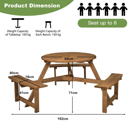 6-person Round Wooden Picnic Table with Umbrella Hole and 3 Built-in Benches-Dark Brown