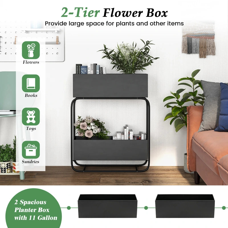 2-Tier Metal Elevated Garden Bed with Raised Flower Box-Black