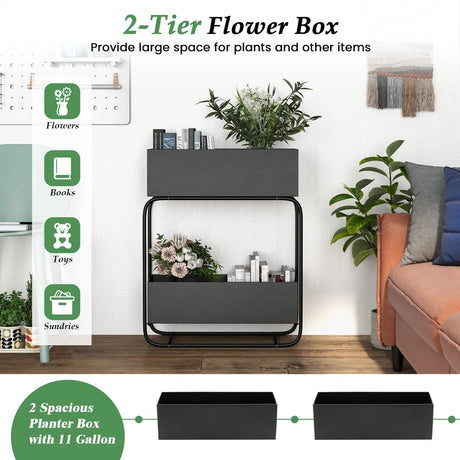2-Tier Metal Elevated Garden Bed with Raised Flower Box-Black