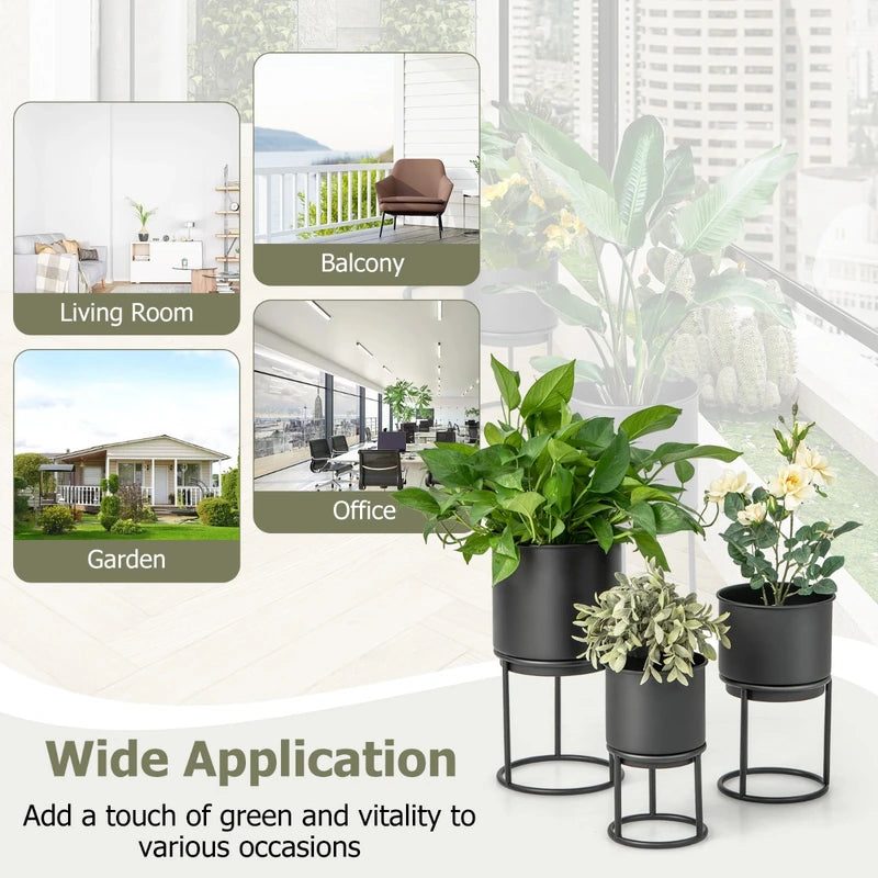 Metal Planter Pot Stand Set of 3 with Pots for Home Balcony Garden