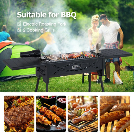 Portable Charcoal Grill with Electric Roasting Fork-Black